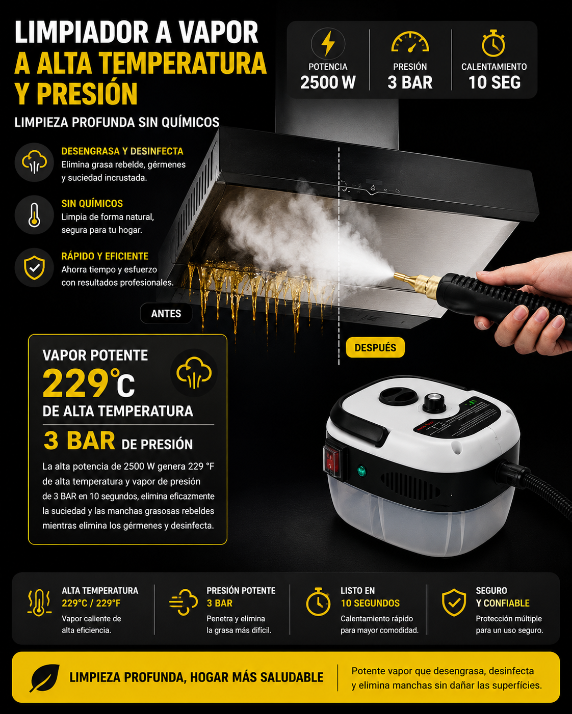Limpiador a Vapor 2500W — Elimina Grasa y Bacterias Sin Químicos 💨